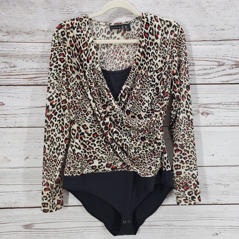 Tahari My Perfect Shape Women's Animal Print Mesh Bodysuit Size Large